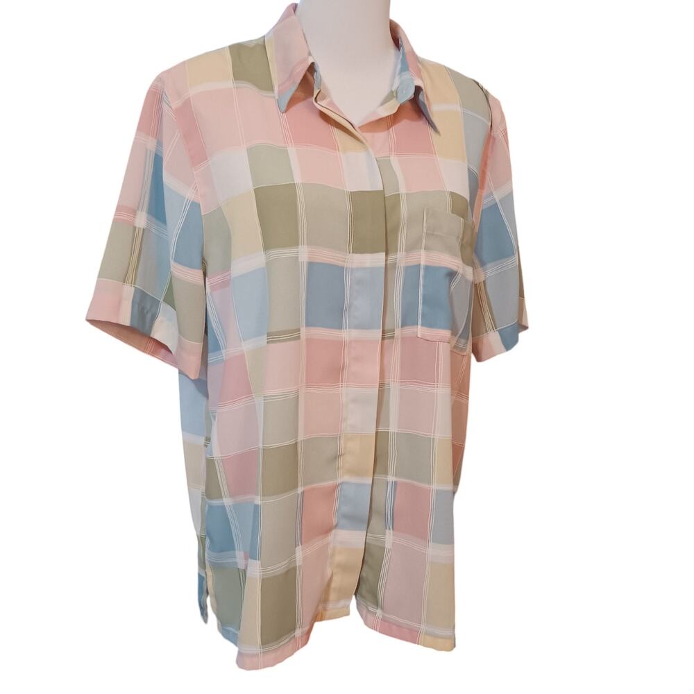 VINTAGE ALFRED DUNNER Preppy Pastel Top Blouse Shirt‎ Size 16 Squares Colorful - Picture 7 of 7